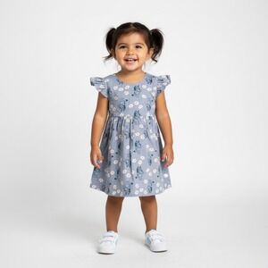 Bluey Girls‎ 3T Blue Daisy Print Chambray Flutter Sleeve Dress Bow Back